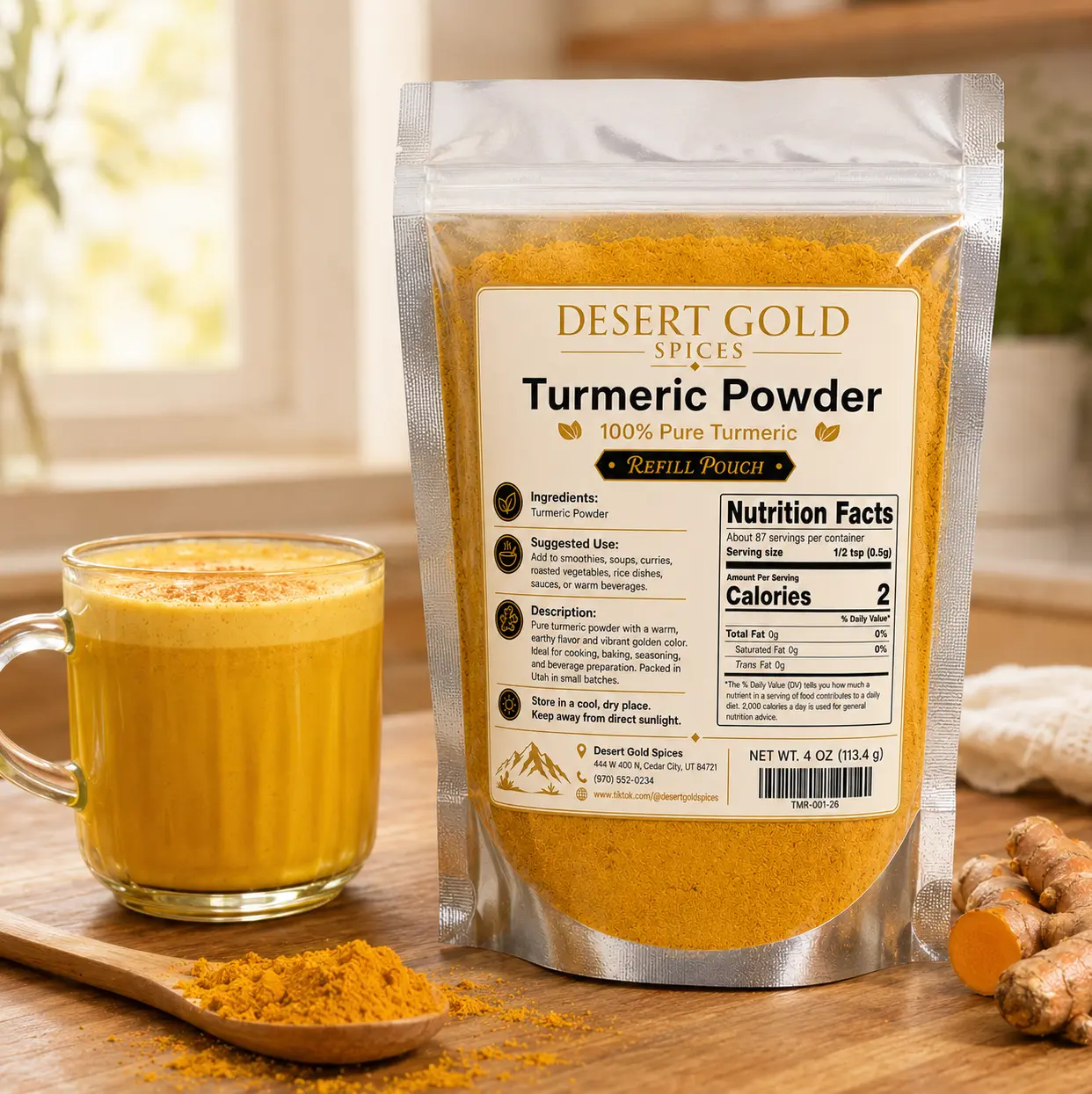 Premium Turmeric Powder Refill Pouch, 4 oz (113.4g) Self-Sealing Bag - Pure Ground Turmeric Spice, Fresh Small-Batch Packed, Golden Color, Rich Flavor Vegetable