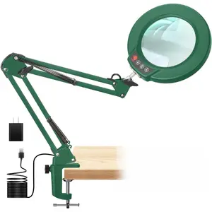 12X Magnifying Glass with Light and Clamp, Real Glass Lens Lighted Magnifier with Stand, 5 Color Modes LED Dimmable Magnifying Desk Lamp Hands Free for Crafts Painting Sewing Close Work - Green