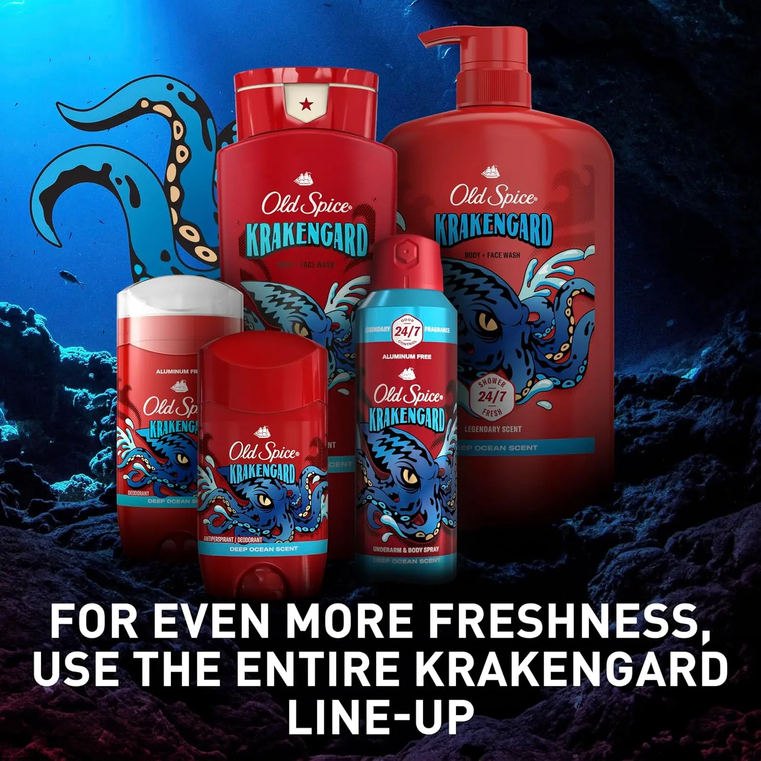 Old Spice Men's Daily Cleansing Body Wash - 3X Defense, 24/7 Fresh Fragrance, 2-in-1 Body & Face Wash, Krakengard Deep Ocean Scent, 24 oz (Pack of 4)