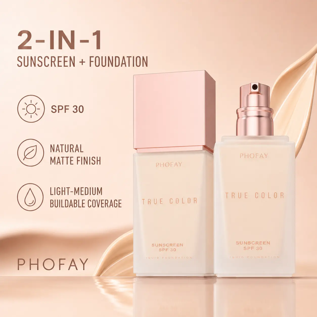 PHOFAY 2 in 1 Foundation - Tinted Sunscreen Foundation with SPF 30, Lightweight Matte Liquid Foundation, Buildable Light-Medium Coverage Makeup Base, Natural Finish Face Concealer, Long-lasting Daily Wear Makeup for Even-Looking Skin Tone - 1.0 fl oz Blen