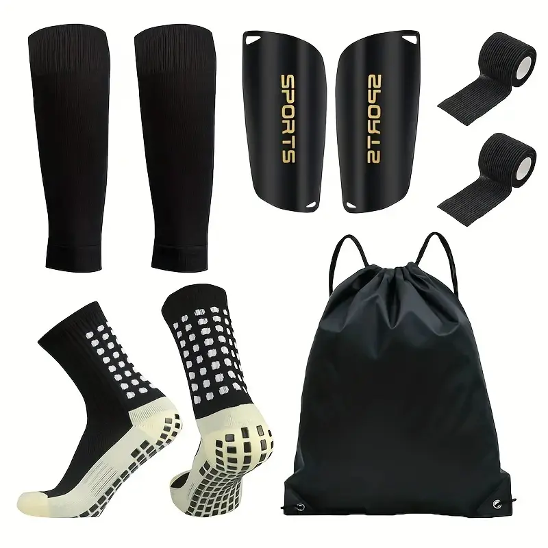 5-Piece Soccer Training Kit for Players with Protective Shin Guards, Breathable Antislip Grip Socks for Soccer, Bandages & Carry Bag