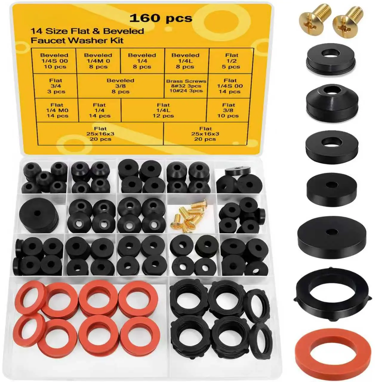 160-Piece Assorted Hose Bib & Faucet Washer Kit (14 Sizes) - Corrosion-Resistant, Durable Material, Includes Hose Gaskets, Flat/Beveled Rubber Washers, Brass Bibb Screws for Outdoor Spigot, Kitchen Sinks, Bathroom Vanities (Fits 90%+ Faucet Types)