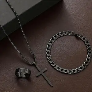 Unisex 3-Piece Vintage Minimalist Cross Motif Matching Jewelry Set - Stainless Steel Cross Necklace, Bracelet & Ring Combo, Stylish Fashion Accessories, Ideal Gifts for Boyfriend for Daily Wear,summervibes