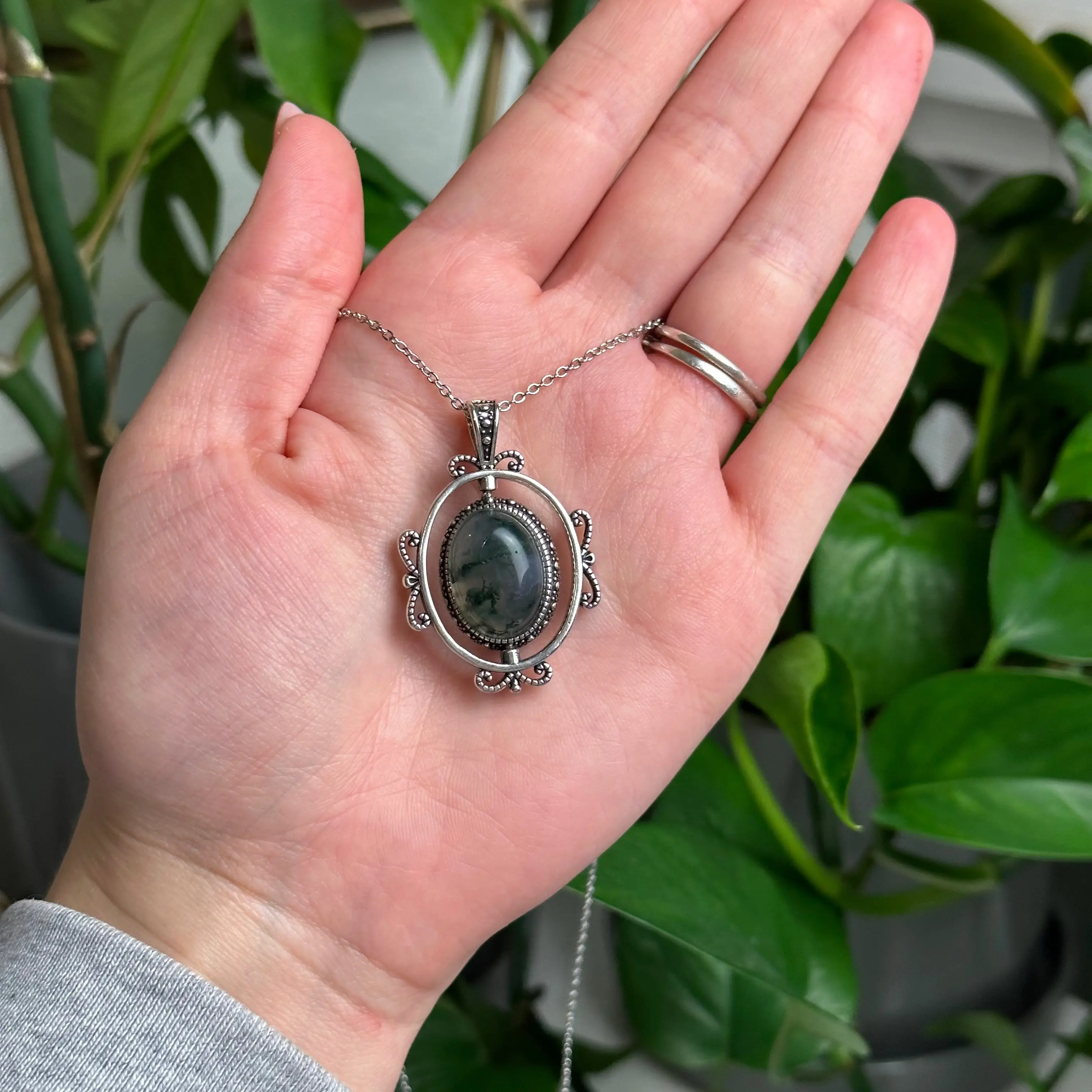 Moss Agate Spinner Fidget Necklace - Natural Crystal Stainless Steel Jewelry for Adults, Meditation, Grounding, New Beginnings, Moments of Restlessness & Daily Wear