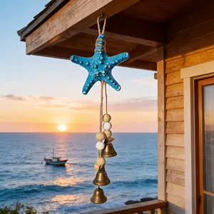 Coastal Resin Starfish Wind Chime with Rustic Bells – Blue Starfish, Wooden Beads & Metal Bells, Nautical Beach Decor for Home, Patio or Porch, Ocean Themed Hanging Ornament for Summer, Boho & Mediterranean Style, Gift for Beach Lovers