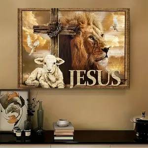 Inspirational Christian Wall Art - Cute Lamb, Majestic Lion & Cross Symbols | Creative Canvas Poster for Living Room & Bedroom Decor | 12"x16" Unframed, Perfect for Room Decor