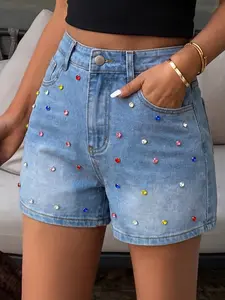 2026 Summer New Women's Jeans Capri Pants, Fashion Gem Design, Slim-Fitting Low Waist, Solid Color, Button Fly Closure