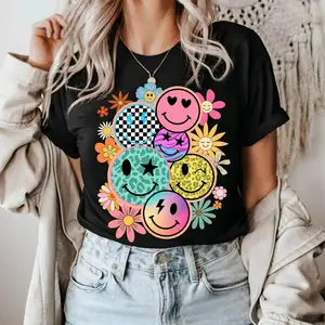 Smiling Face Shirt, Distressed Smiling Face Tshirt, Happy Face Shirt for Women, Flower Smiling Face Collage T-shirt, Smiling Emoji Top Tee, Retro Checkered Smiling Face Star Eyes, Vintage Smiling Face Shirt Womenswear