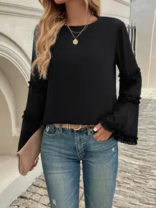 Women's Plain Frill Ruffle Trim Flounce Sleeve Blouse Shirts, Elegant Keyhole Neckline Top for Spring & Fall, Casual Women's Clothing for Daily Wear
