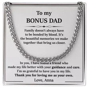 Custom Name Message Father's Dad Gift for Bonus Dad, Birthday Bracelet for Step Father, Necklace for Bonus Dad From Bonus Daughter, Cuban Link Chain Necklace for Him