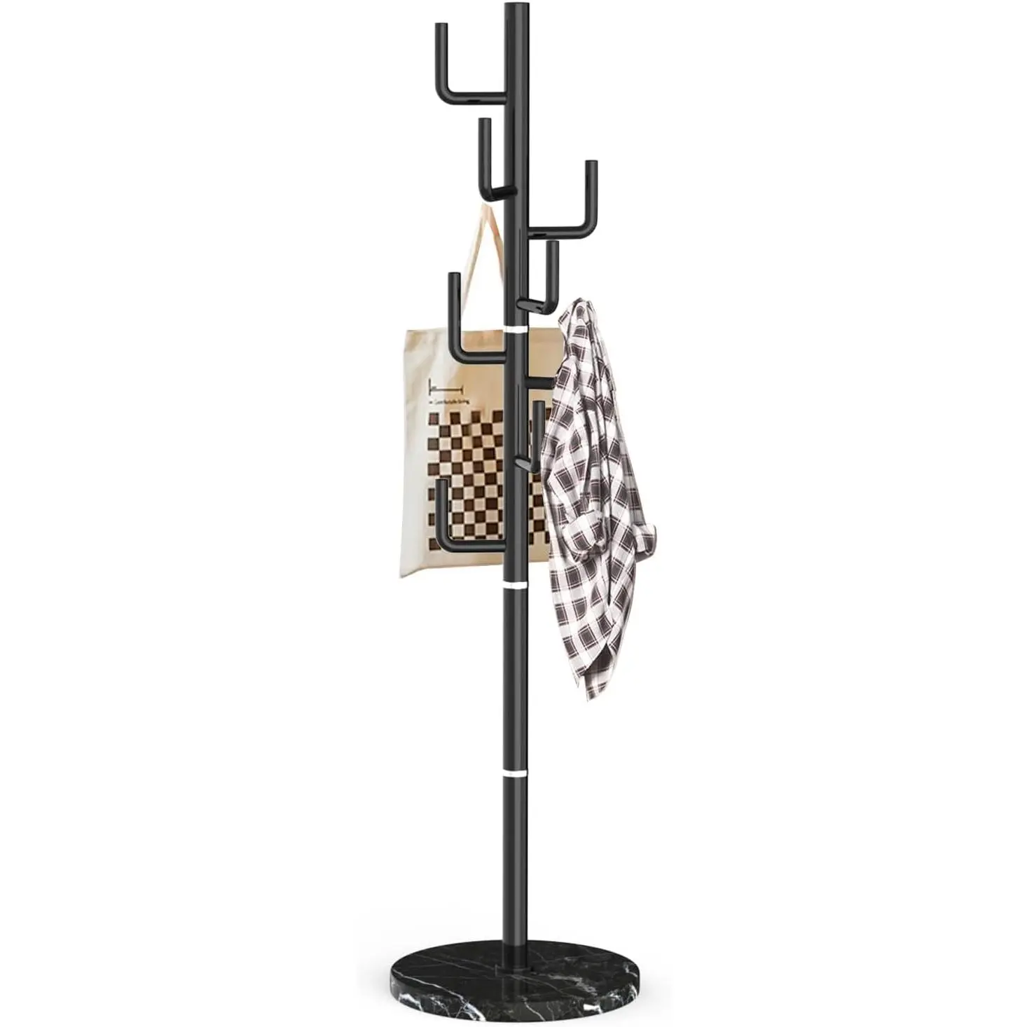 Modern Metal Coat Rack Stand with  Marble Base, Heavy Duty Coat Rack Freestanding with 8 Hooks, Black Cactus Standing Coat Racks for Bag, Jacket, Entryway Office (Black Cactus)