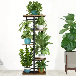 5-Tier Elegant Plant Stand - Rustproof Metal & Wood Flower Shelf for Indoor/Outdoor | Multi-Layer Display for 6 Plants | Space-Saving Corner Design (Black) Stackable Pots Garden Planter