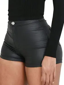 Women's Plain PU High-Waisted Button Closure Shorts, Womenswear, Fitted Casual Style, 1 Piece, Perfect for Everyday Wear