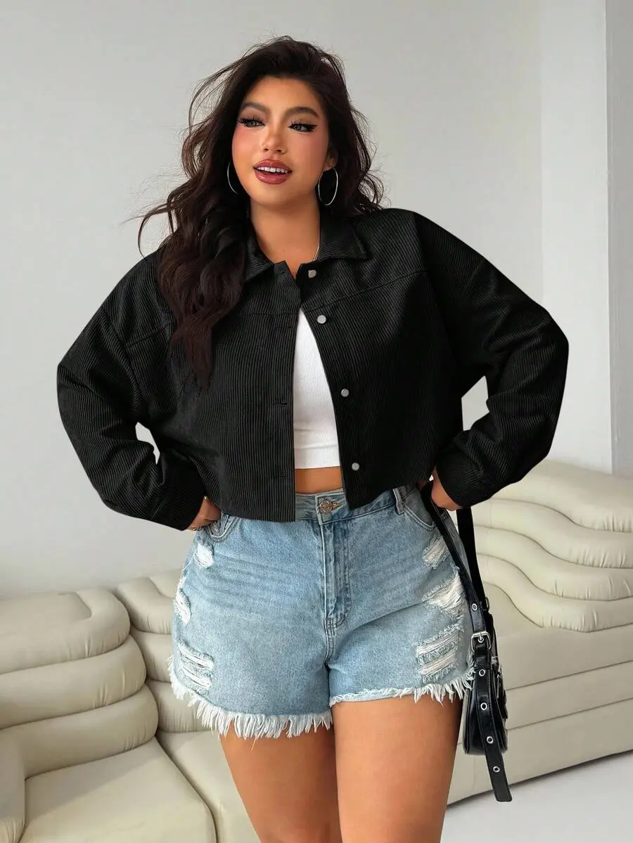 LUNA LAYER Plus Size Womens Drop Shoulder Long Sleeve Single Breasted Casual Shacket Black