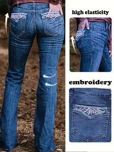 Women's High Elasticity Flared Pants, Vintage Embroidered Design, Casual Daily Wear, Comfortable Fit, Perfect for All Seasons