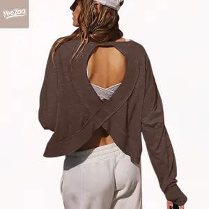 Open Back Workout Top for Women YeeZaa Long Sleeve Cropped Athletic Shirt Yoga Running Gym Wear Backless Boat Neck Y2K Style Casual Sports Tee Lightweight Stretch Viral Activewear