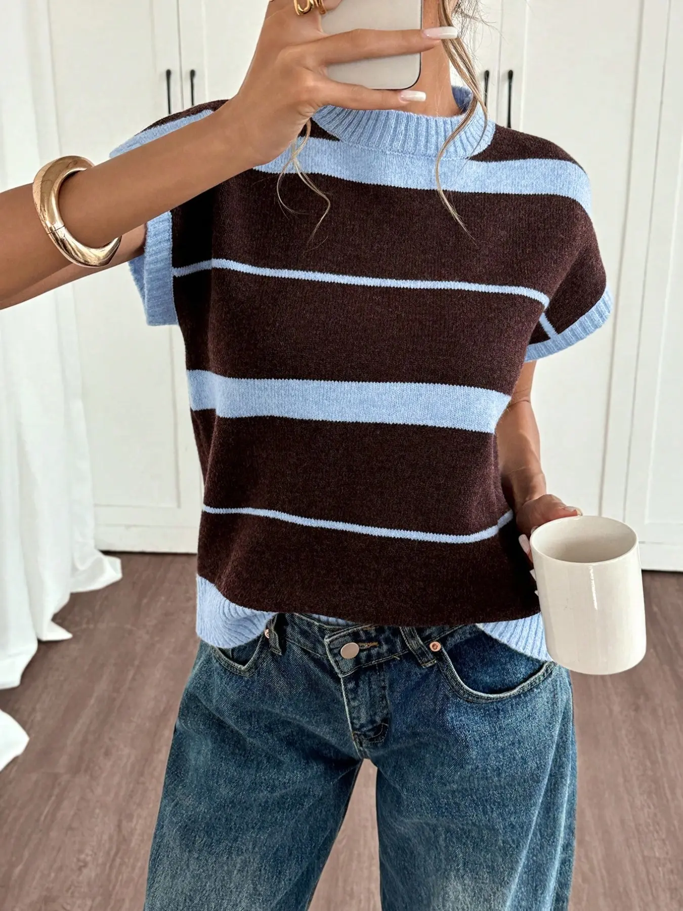 Women's Striped Knit Loose Fit Casual Short Sleeve Pullover Sweater, Knitwear, Tops, Summer Fashion, Comfortable and Stylish, Perfect for Daily Wear