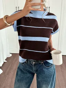 Women's Striped Knit Loose Casual Short Sleeve Pullover Sweater, Summer Fashion, Comfortable and Stylish, Perfect for Daily Wear