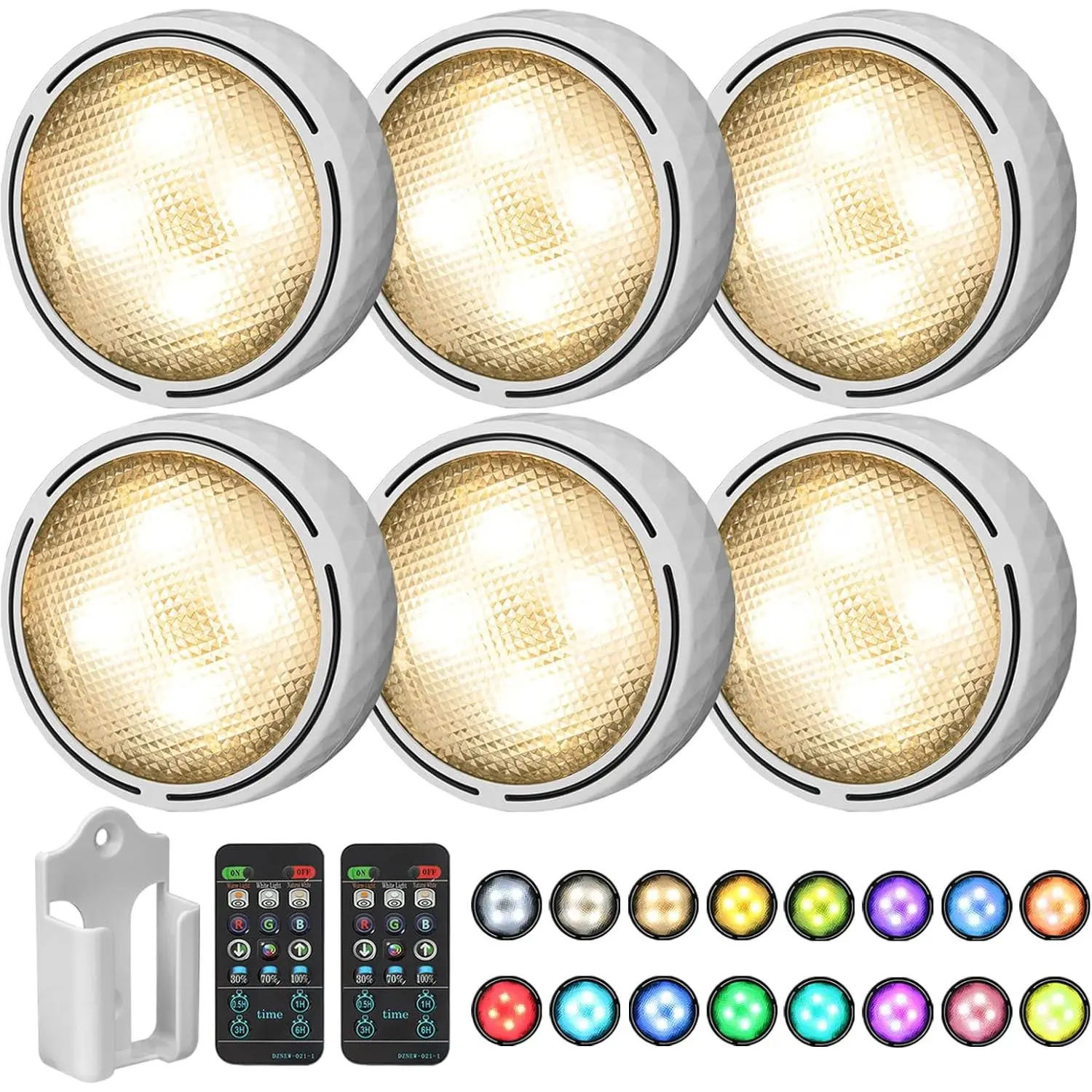 LED Puck Lights  Operated LED Under Cabinet Lighting  Stick on Tap Lights with Remote Controll Color Changing Timer Function for Cabinets, Shelves, Closets - 6Pack White