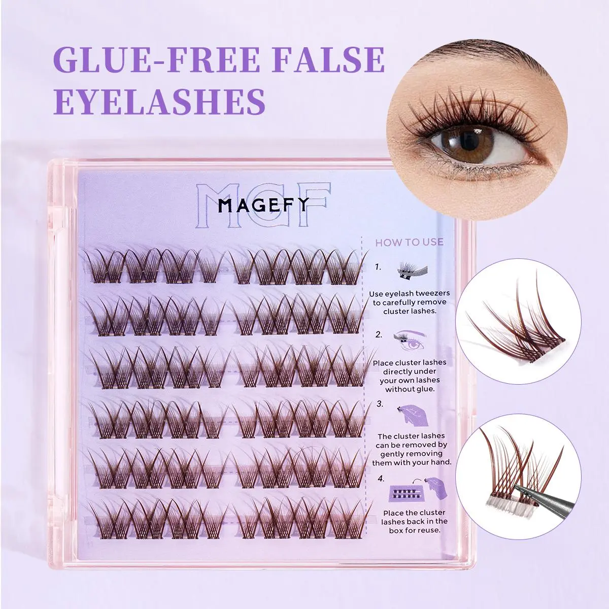 MAGEFY 36/48 Glueless Lashes Clusters Brown Individual Eyelashes of C Curl 10mm/12mm Mixed with No Glue Required and Lightweight, Easy to Remove, False Eyelash Extensions, Cosmetic False Lashes, Eye Beauty Tools