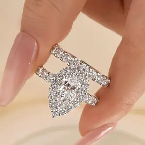 Effinny 925 Sterling Silver 3.0ct Classic 2PC Halo Pear Cut Wedding Ring Set, No Tarnish Promise Ring, 5A Cubic Zirconia Women's Ring for Wedding