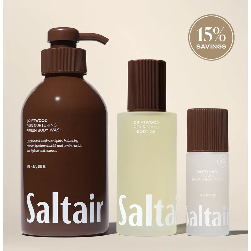 Saltair Driftwood Essentials Set - Serum Body Wash (17 fl oz), Nourishing Body Oil (4 fl oz) & AHA Serum Roll-On Deodorant (1.7 fl oz) Bundle for Soft, Glowing Skin - Bergamot, Sage, Driftwood