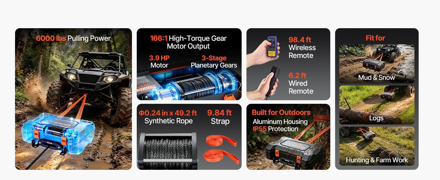 【Summerfinds】VEVOR Portable Winch, 6000 lbs/4500lbs/3500lbs  12V DC Electric Winch with Synthetic Rope, Wireless & Wired Remotes, Box-Style Recovery Kit with Fairlead, Clevis Hook, Strap for ATV UTV Off-Road Outdoor Pulling Tasks