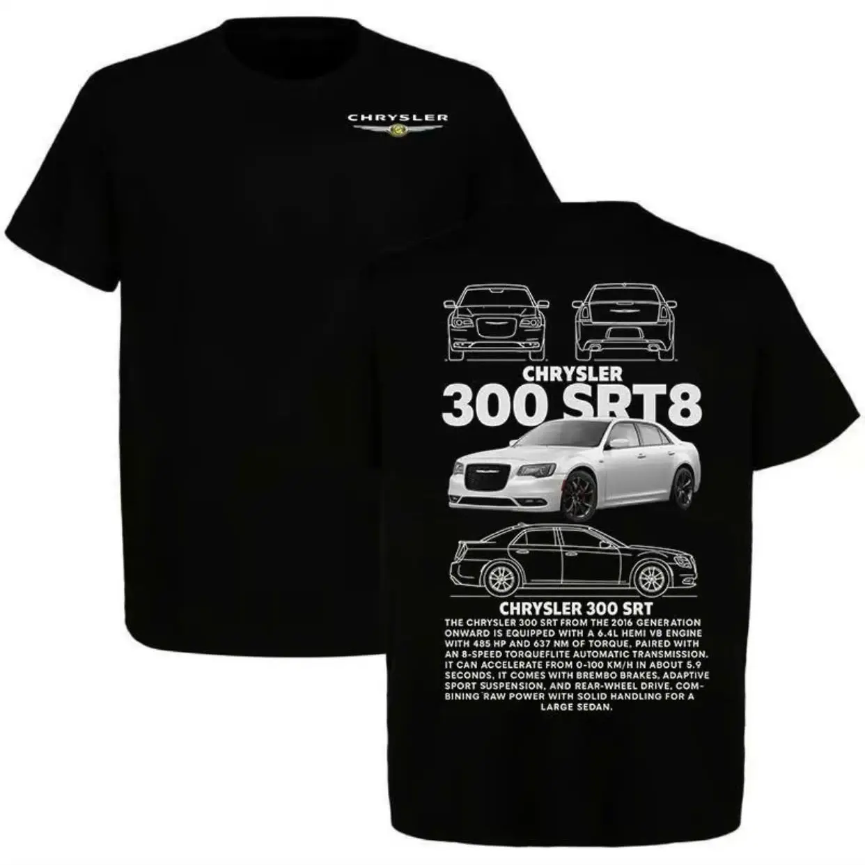 Chrysler 300 SRT8 2 Sided T-Shirt, Muscle Car Graphic Tee with 6.4L HEMI V8 Engine, Retro Classic Car Mopar Streetwear Top, Man Unisex T-Shirt