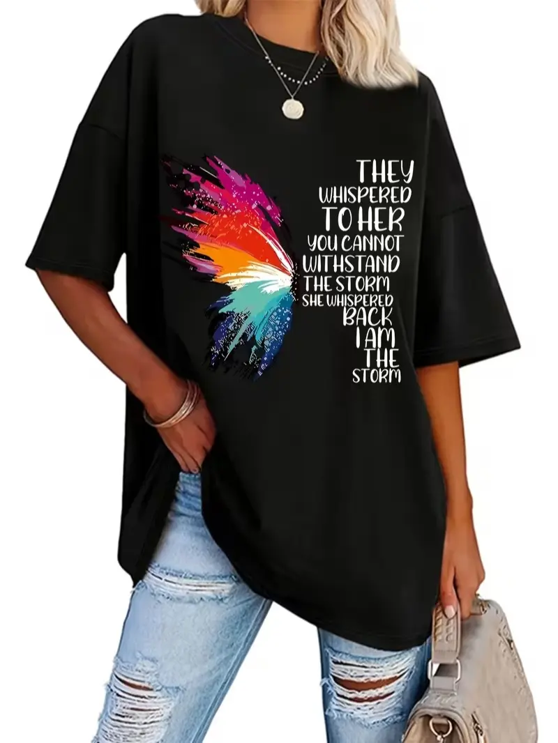 Butterfly & Letter Print T-Shirt, Casual Short Sleeve Top For Spring & Summer, Women's  Clothing