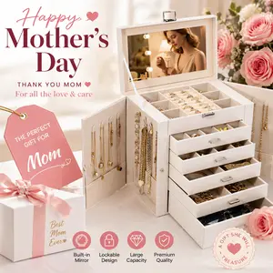 BOOVO Large Glass-Lid Jewelry Organizer, Multifunctional 6-Layer PU Leather Case With Mirror, Anti-Tarnish Velvet Lining for Necklace Rings, Mother‘s Day Gift
