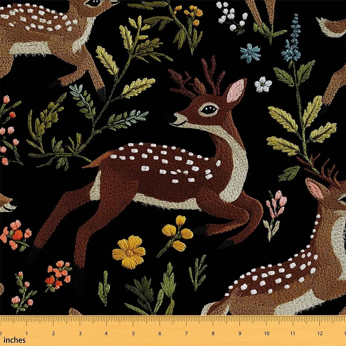 Cute Deer Fabric Lovely Cartoon Wild Animal No Stretch Fabric Sewing Colorful Flowers Rustic Jungle Style Soft Flannel Polyester Fabric DIY Home Accents Pre-Cut