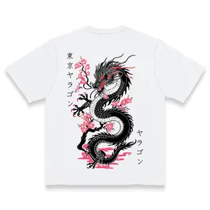 Tokyo Dragon & Cherry Blossom Print Short Sleeve T-Shirt Japanese Traditional Style Top Men Back printing Cotton Fitted Crew Neck Summer Medium Length Classic Fit - Menswear