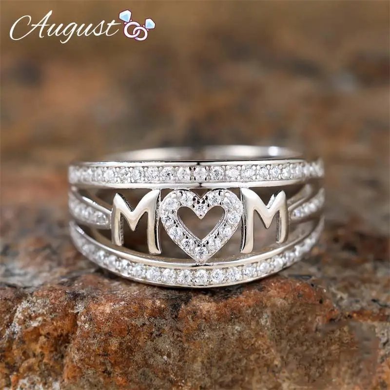 Rexviao Women's Cubic Zirconia Heart Letter Ring - "MOM" Engraved, Sizes 6-10, Exquisite Packaging, Gift for Mom for Engagement Anniversary, Daily Wear Jewelry, Cubic Zirconia Rings, Heart Letter Rings