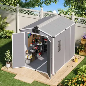 6x8 FT Outdoor Storage Shed with Lockable Double Doors&Built-In Floor, Weather-Resistant Metal Garden Shed with Sloped Roof for Backyard, Patio & Lawn, Gray/Black