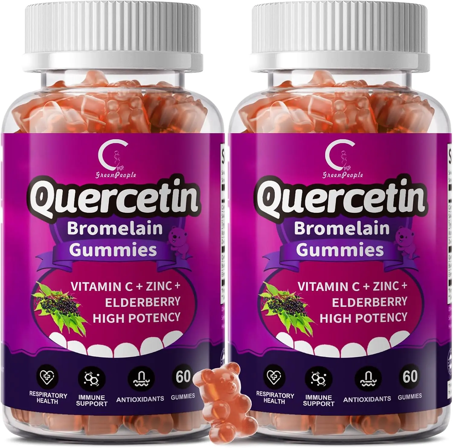 Quercetin with Bromelain Gummies, Support Immune, Vegan, Non-GMO, 2 Pack | Quercetin & Bromelain, Vitamin C, Zinc & Elderberry, Respiratory Health & Antioxidant Supplement, Vegan, 120 Gummies