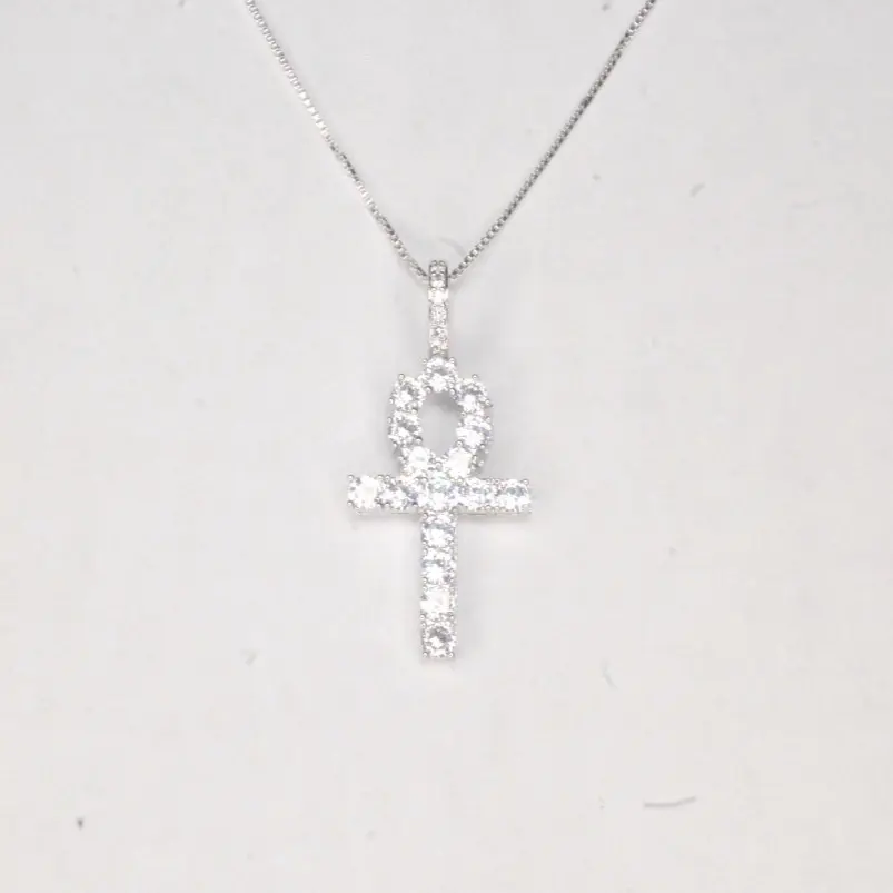 Silver Diamond Ankh Necklace - Elegant Design with Diamond Accents and Metallic Finish