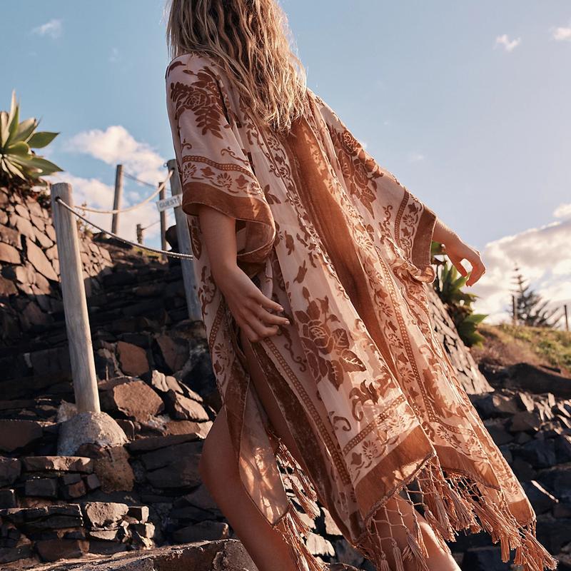 WeHello Women's Boho Burnout Velvet Kimono Long Cover Up with Tassel Casual Cardigan Shawl Flowy Fabric Beachwear Suit Womenswear Clothes Swimwear Coverups