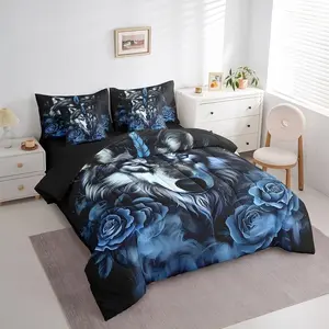 Wolf Lion Plush Duvet Cover, Blue Rose Floral Bedding Set, Bedroom Bedding Set, (1 duvet with 200g filling + 2 pillowcases without inserts) - perfect for birthday and holiday