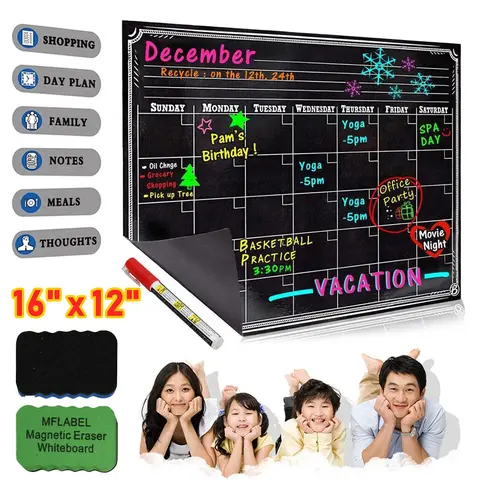 SJPACK Magnetic Dry Erase Rectangle Calendar Planner - 16x12 in Horizontal Layout Refrigerator Magnet Organizer, Weekly Appointment & Life Tracker with Strong Magnets, 2 Erasers, 1 Red Liquid Chalk Marker, Easy Scan, Fast Updates