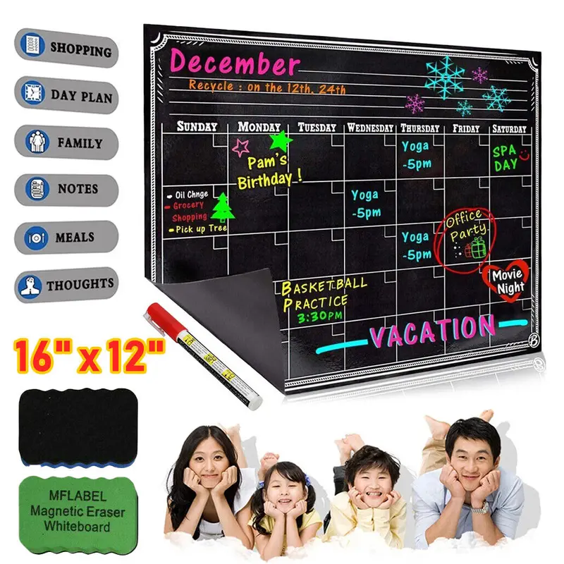 SJPACK Magnetic Dry Erase Rectangle Calendar Planner - 16x12in Horizontal Layout Refrigerator Magnet, Life & Schedule Tracker for Events, Strong Magnets to Attach to Any Metal Surface, 2 Erasers, 1 Red Liquid Chalk Marker, Easy Scan, Fast Updates