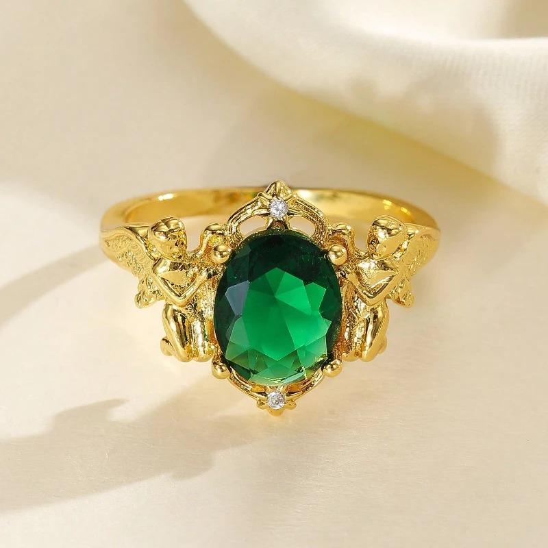 Women's Eternal Love Guardian Angel Motif Ring - Zinc Alloy with Green Cubic Zirconia, Star Accents, Suitable for Daily Wear, Wedding Gift, Plain