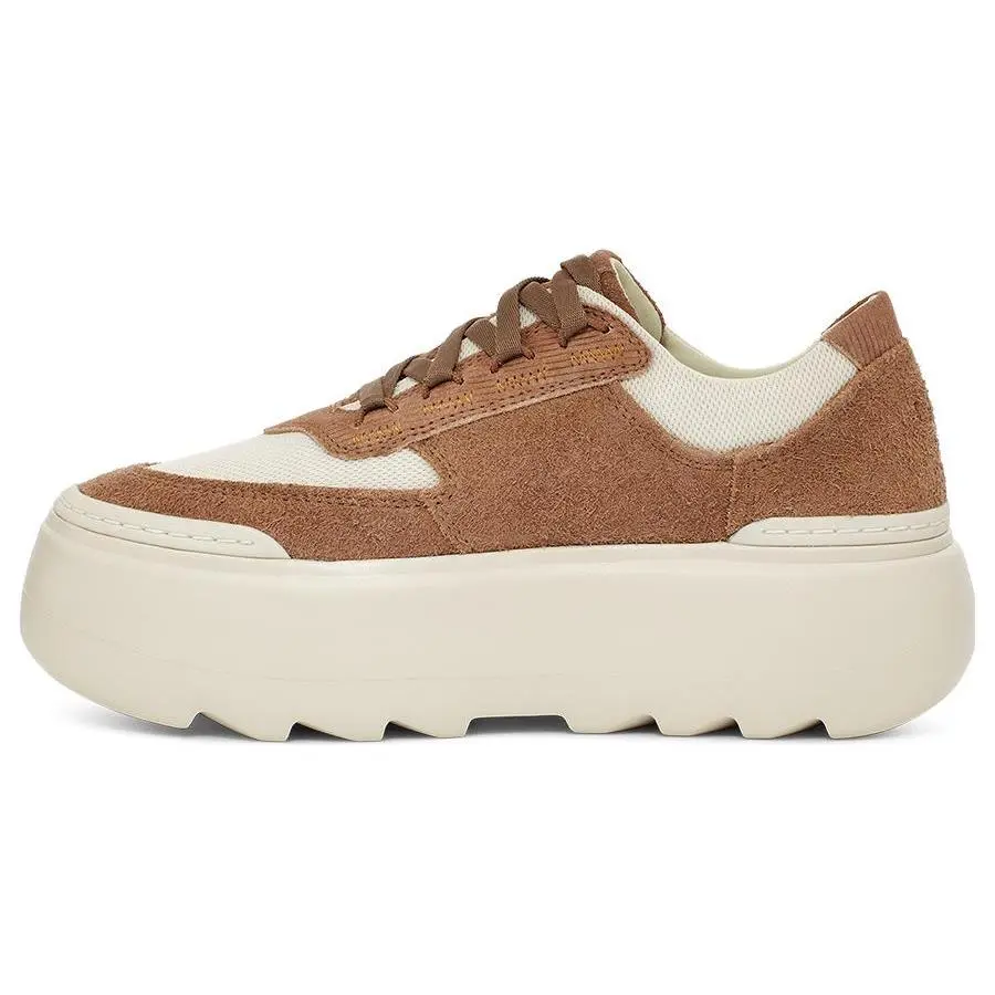 Women's UGG PU Comfort Casual Thick-Sole Low-Top Sneakers - Chestnut Brown, House White - Trending Walking Shoes, Trainer, Footwear - Maison Mihara Verifiable with Credentials & Global Authentication Support