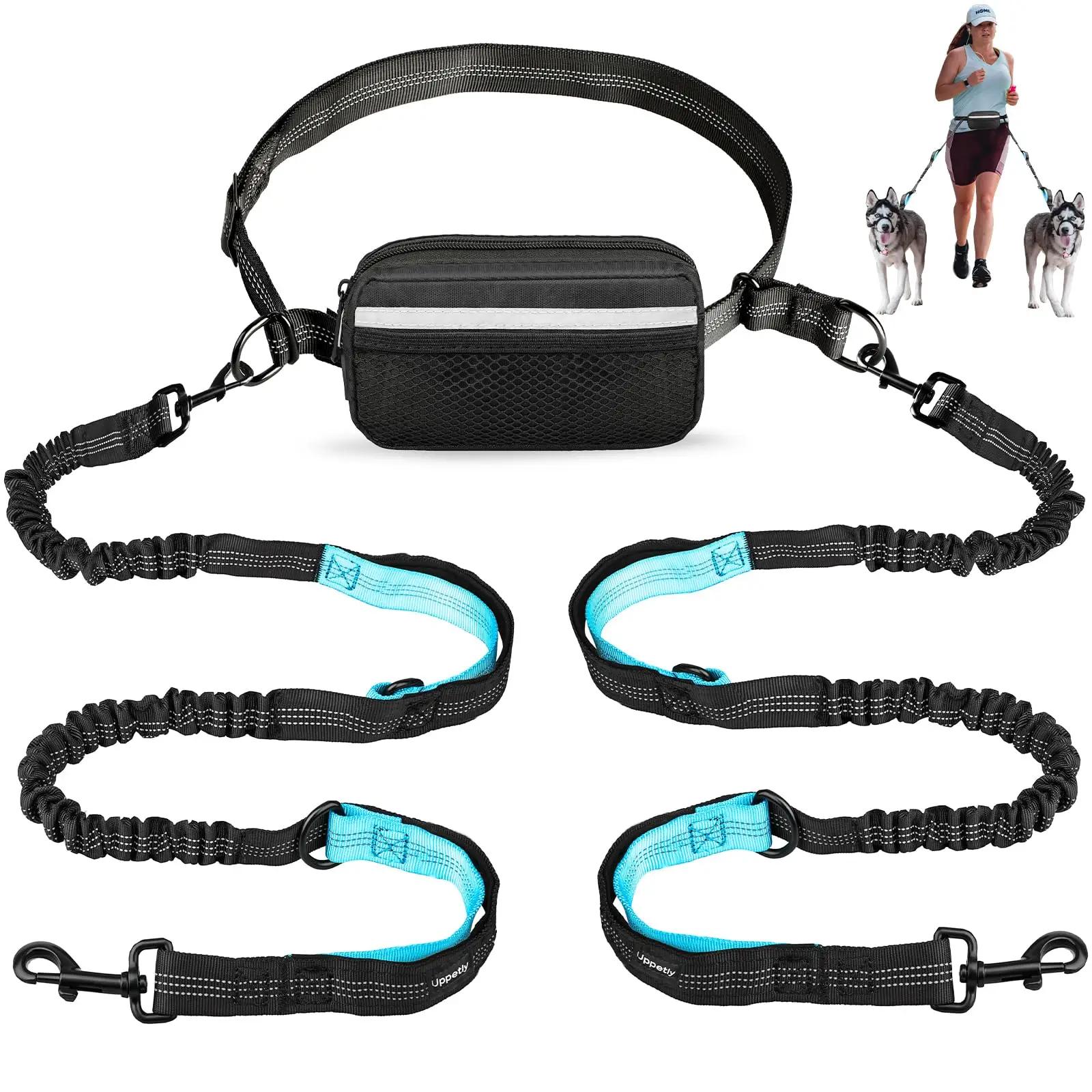 Hands Free Dog Running Leash with Adjustable Waist Belt Dual Handle Elastic Bungees Retractable Rope for Medium Or Large Dogs Reflective Stitches