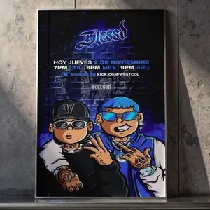 Modern Urban Music Artist Poster - Aesthetic Blessd & Westcol Cartoon Style Wall Art - Vibrant Blue Graphic Canvas Print - Hip Hop Inspired Wall Decor for Studio & Gaming Room 18R
