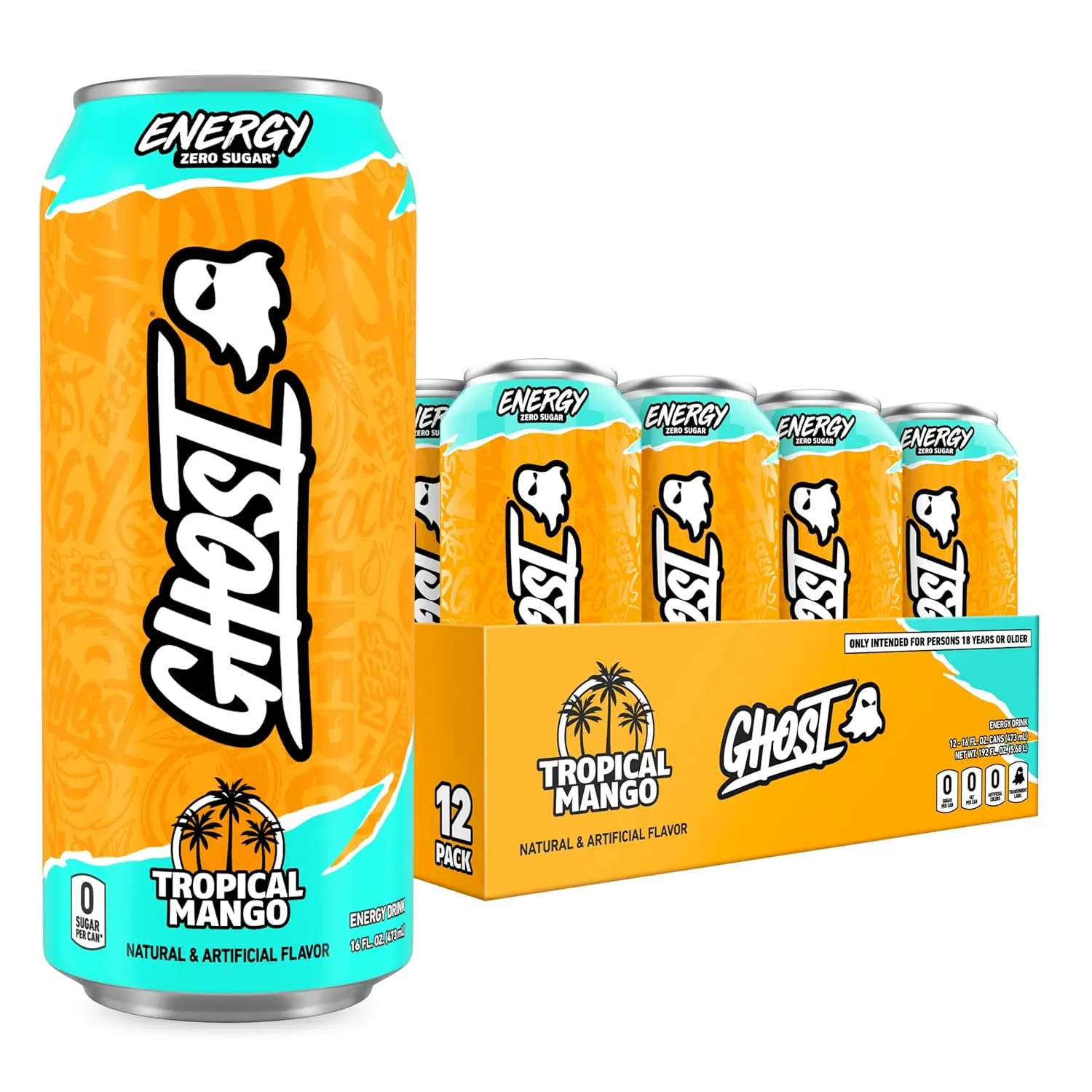 GHOST Energy Drink Beverage - 12-Pack 16oz Cans, Tropical Mango Flavor - 200mg Natural Caffeine, L-Carnitine, Taurine - Boosts Energy & Focus, No Artificial Colors, Gluten-Free, Vegan