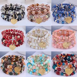 12/24pcs Mix Boho Chic Handmade Resin Bead Bracelets with Heart Pendant, Zinc Alloy Fashion Jewelry for Girls, No Plating, Colorful Layered Beaded Bracelet Set, Perfect Valentine'S Day Gift