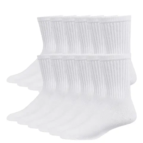12 Pairs Premium Cotton Compression Athletic Crew Socks - Unisex Solid Plain Gym Workout Sport Socks with Sweat-Absorbing, Anti-Slip, Cozy Comfort Mid-Calf Value Pack