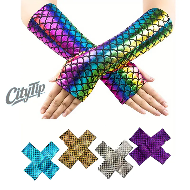 2 Pairs Mermaid Scale Fingerless Gloves for Women & Girls, Shiny Fish Scale Arm Sleeves, Festival Rave Accessories, Cosplay Costume Gloves, Dance Performance Arm Warmers, TikTok Viral Party Outfit,Outdoor Sports