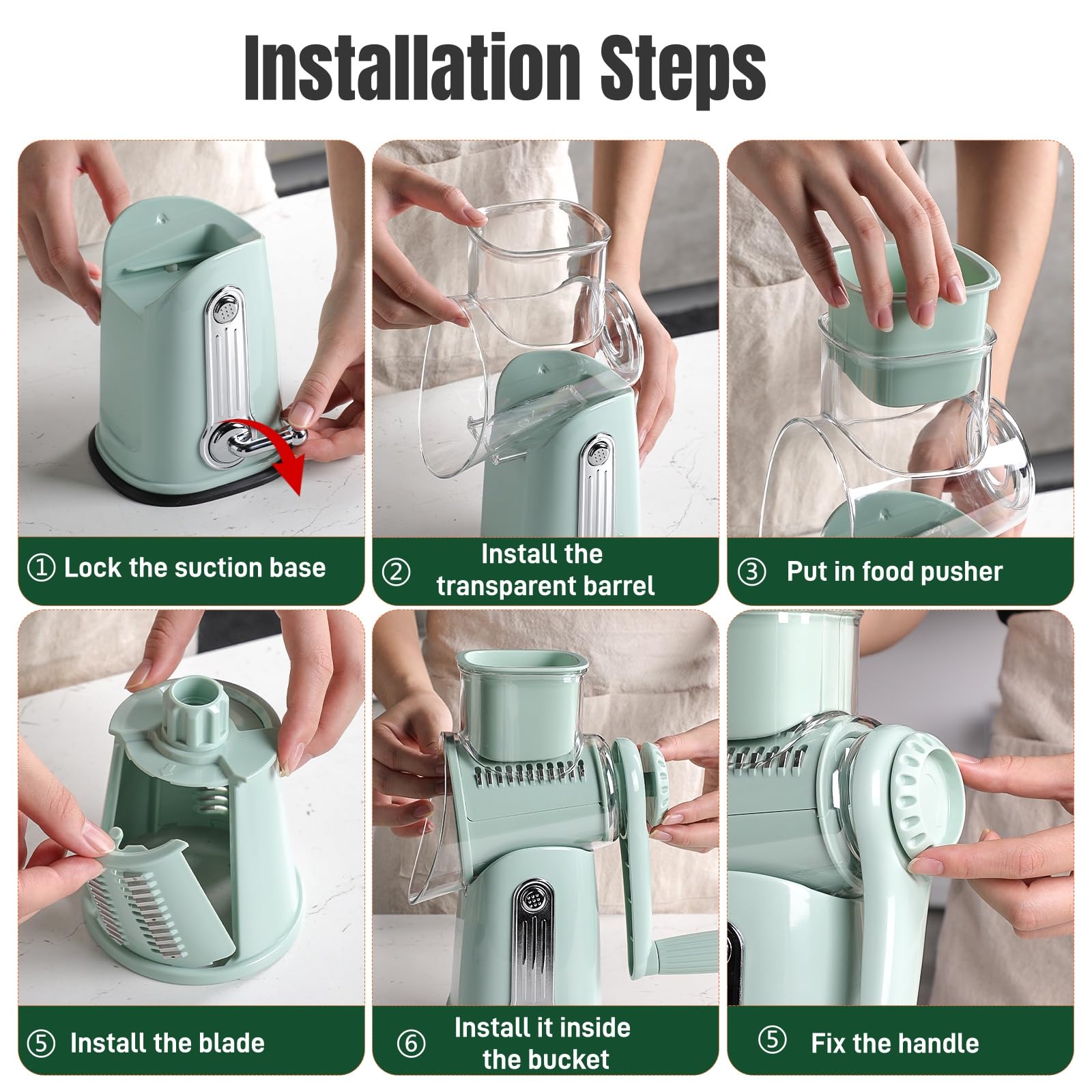 Rotary Cheese Grater with Handle 5 in 1 Vegetable Shredder with 5 Blades, Strong Suction Base, Round Mandoline Slicer & Blade Storage Box Kitchen Steel Stainless Utensils Curve Smooth