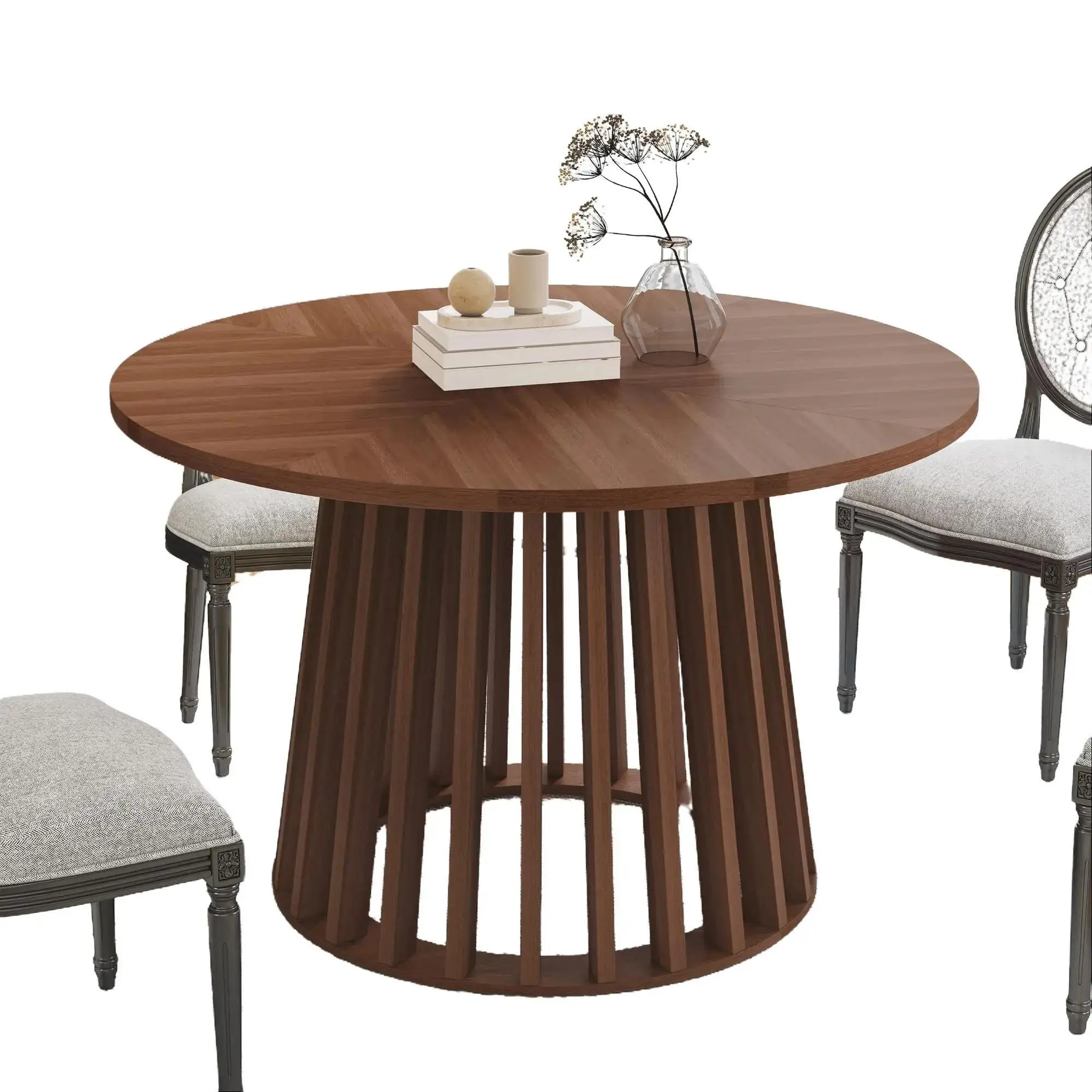 Giratree Round 47 Inch Dining Table for 4, Farmhouse Circle Kitchen Table, Rustic Dinner Table with Wood Strip Base for Dining Room Kitchen Living Roo